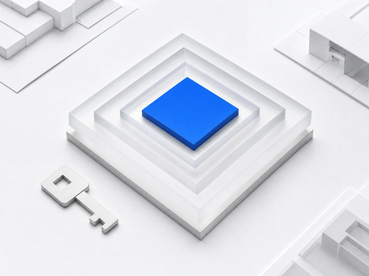 Nested white architectural frames with a cobalt center, illustrating customer control