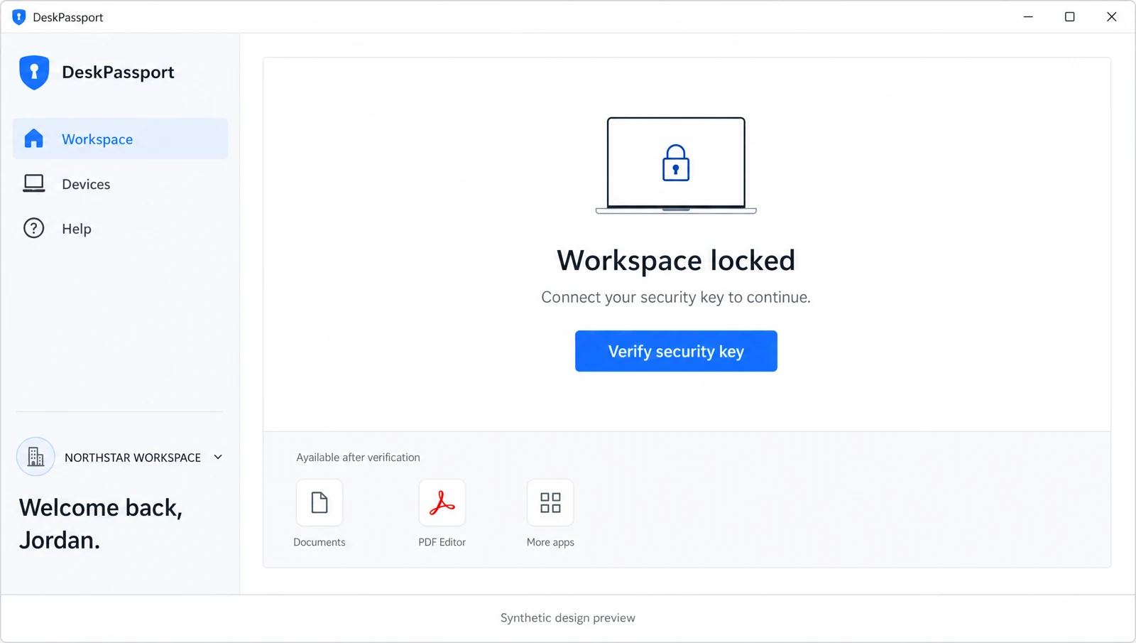 Synthetic DeskPassport Light concept with Workspace, Devices and Help navigation and an explicitly locked workspace